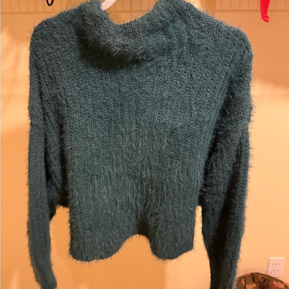 Express Fuzzy Teal Cowl Neck Sweater